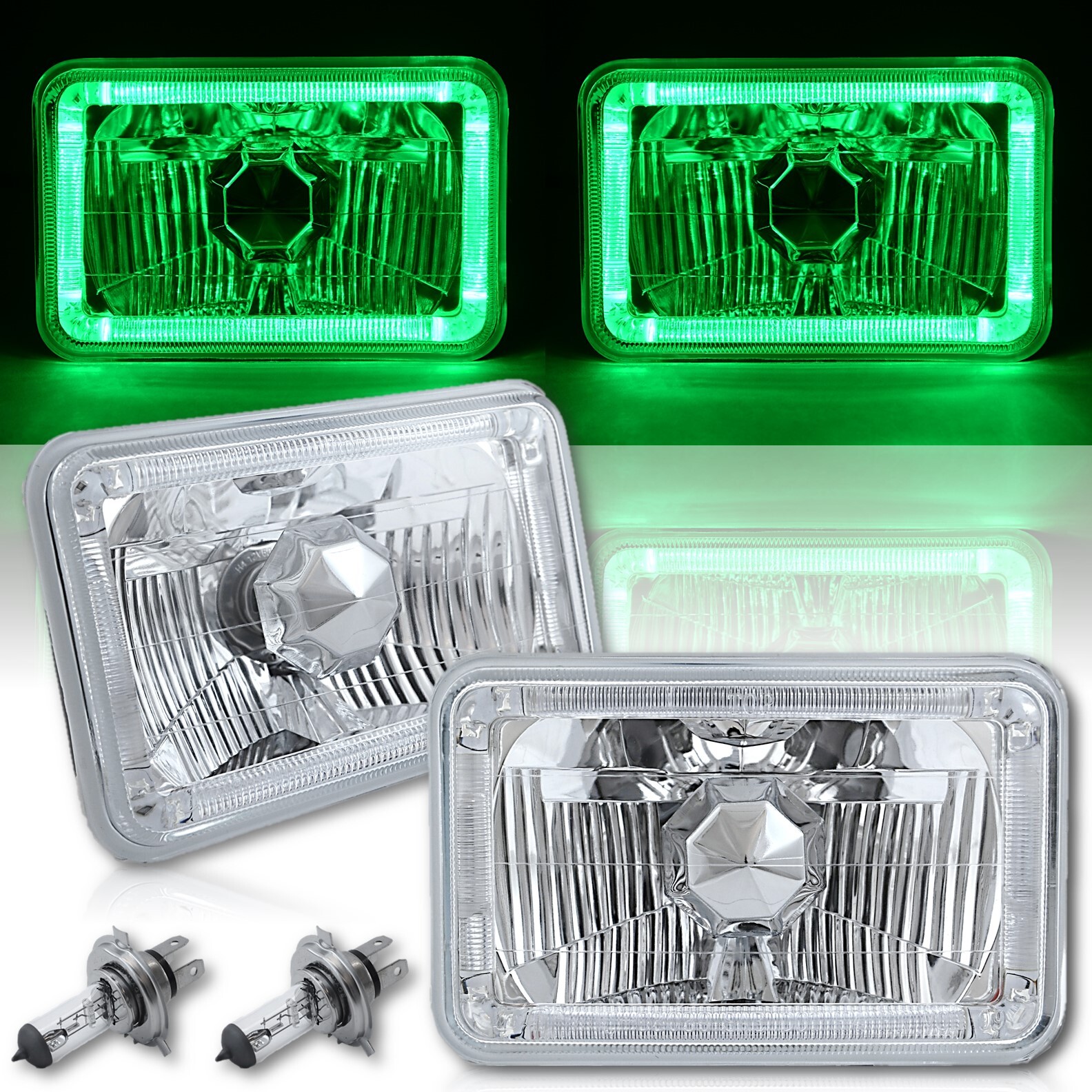 4X6 Green LED Halo Angel Eye Halogen H4 Headlights Crystal Clear