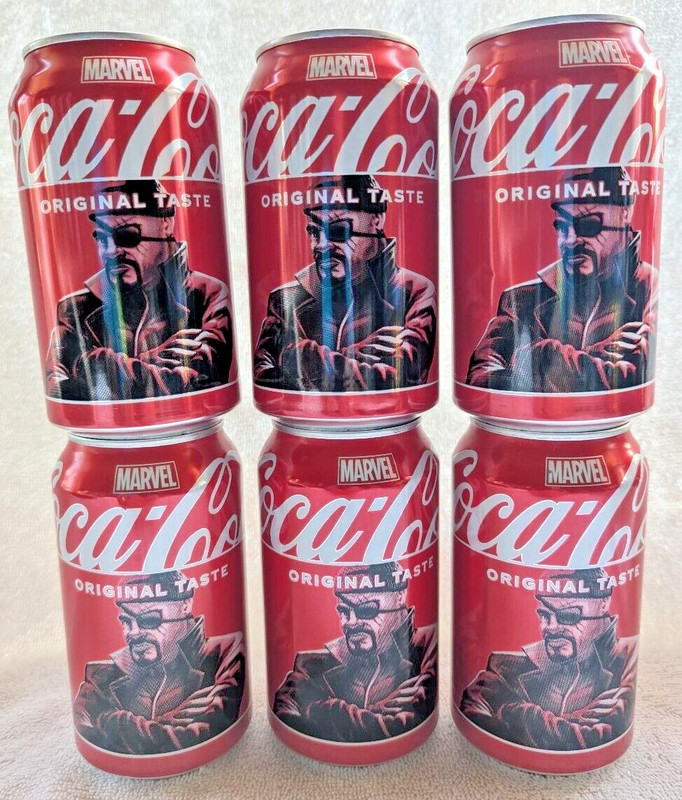 Lot of 6 - 2024 Coca Cola Cans Nick Fury - Marvel - Limited Edition Cans