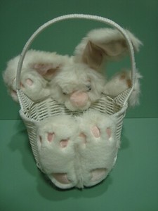 Vintage Fact Games & Gifts Plush Bunny Rabbit Easter Basket  White / Pink