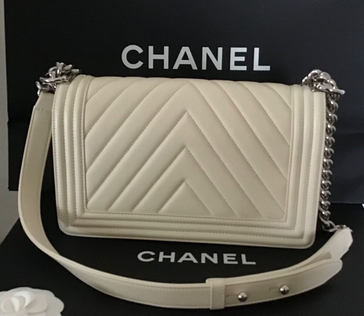 Chanel 2018 Cream Caviar Chevron Medium Classic Double Flap Bag