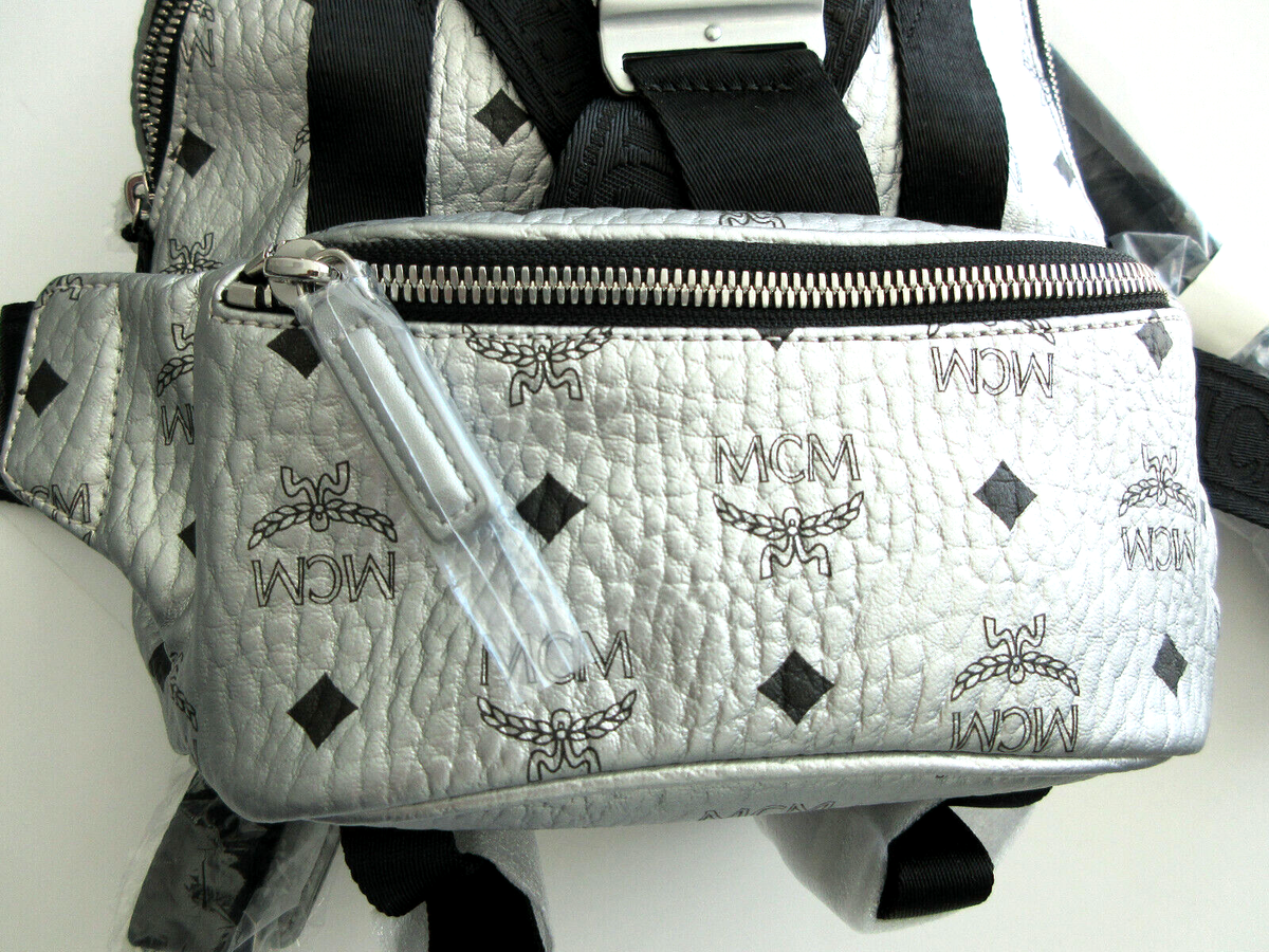 $1330 New MCM Backpack Jemison 2 in 1 Silver Coated Canvas