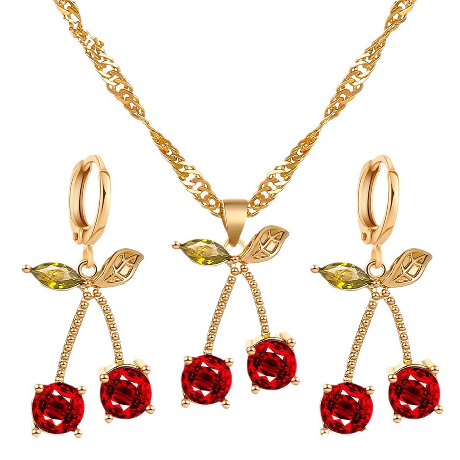 Gold Plated Red Cherry Crystal Dangle Earrings Necklace for Women Unique Summ...