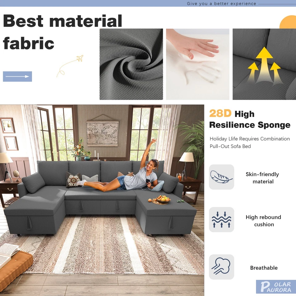 Sofá cama de pana, sofá cama extraíble con chaise de almacenamiento Foto 3 de 4