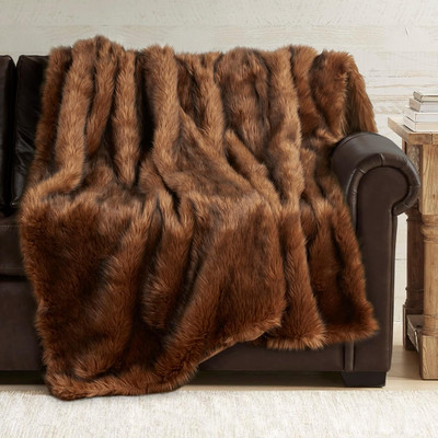 Faux Fur Throw Blanket - Ultra Long Pile, Luxury Fluffy Bear Brown with Black Ti