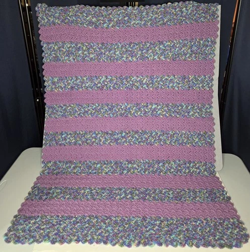 NEW Handmade Crochet 34"x 48" Purple/Multi Blue Strips Afghan Throw Blanket