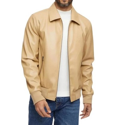 Men's Handmade Bomber Beige Vintage Leather Sheepskin, Lambskin Biker Jacket