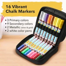 16 Chalk Markers with Case | Vibrant Liquid Chalkmarkers | Reversible Tips, Easy