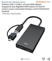 Usb 3.0/USB C Dual Hdmi Adapter 4K@60Hz + 1080P@60Hz / Schwarz