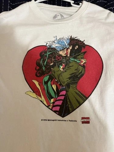 Vintage White Gold Industries X-Men Shirt Medium Rogue Gambit Marvel Comics AOP