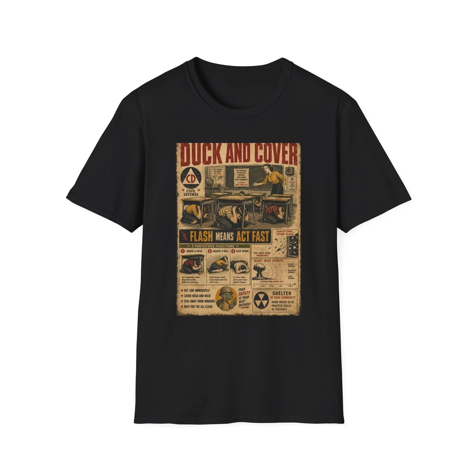 XL Duck and Cover Poster T-Shirt | Vintage Style Civil Defense Print - Image 1 of 1