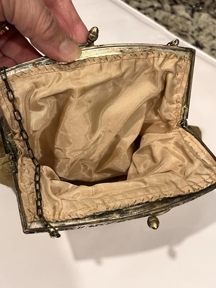 Antique Vintage Metallic Shimmery Gold Purse With Ornate Silver Metal Frame - Image 4 of 4