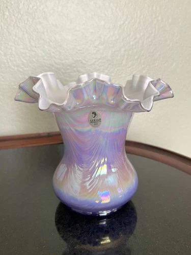 Vintage Fenton Lavender Lilac White Cased Glass Vase Ruffled Edge Signed
