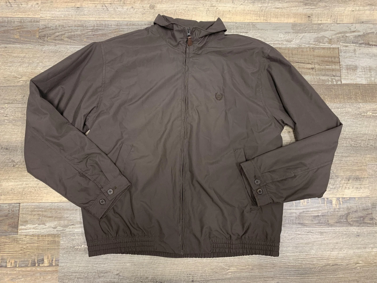 Chaps Jacket Mens Medium Brown Hooded Lightweight Zip Front Plaid Lined Casual