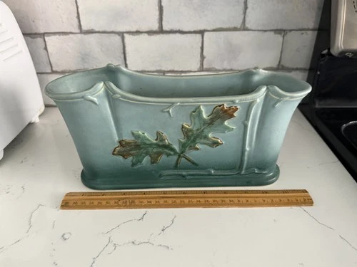 Weller Oak Leaf 1930s Vintage Art Pottery Blue Ceramic Window Box Planter