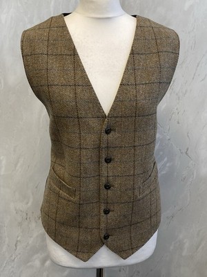 M&S Olive Brown Herringbone Tweed Windowpane Check Tailored Waistcoat UK2XL PB