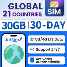Global (USA, China, Italy, UK) Travel SIM Card- 30GB High-Speed, 30 Day JetSim