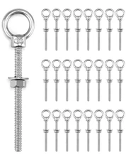 25-Pack 1/4” x 3” Stainless Machinery Eye Bolts w/ Nuts & Washers, Marine Grade.