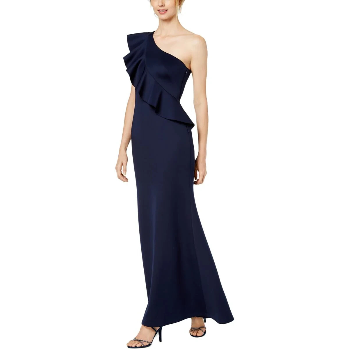 Jessica Howard One-Shoulder Ruffled Gown Navy 14