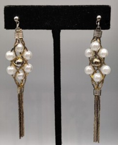 Vintage Silver Gold Tone White Faux Pearl Bead Chain Stud Post Earrings Jewelry 