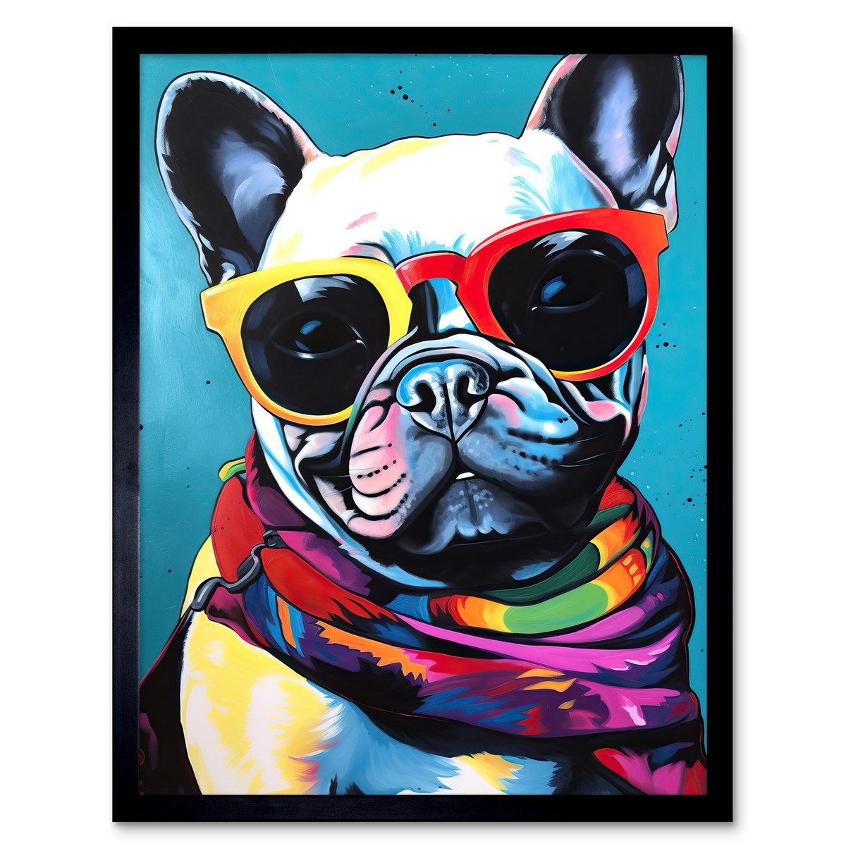 French Bulldog in Sunglasses and Bandana Folk Art Framed Art Picture Print  12x16