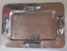 HOLLAND BOONE POLISHED PEWTER ORNATE FISH RECTANGULAR SERVING TRAY 13" X 9 1/2"