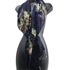 Women's Scarf Blue Floral Sheer Fringe 20/70"