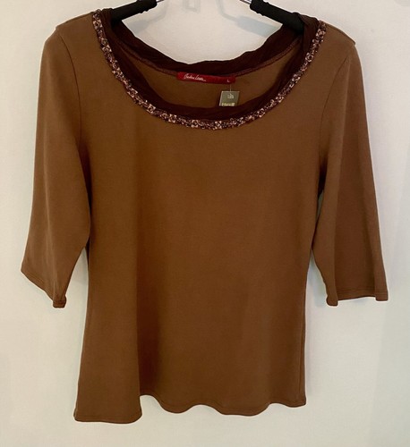 Vintage NWT Barbara Lesser Fibers Women's L Beaded Neck Tee 3/4 Sleeve Cotton