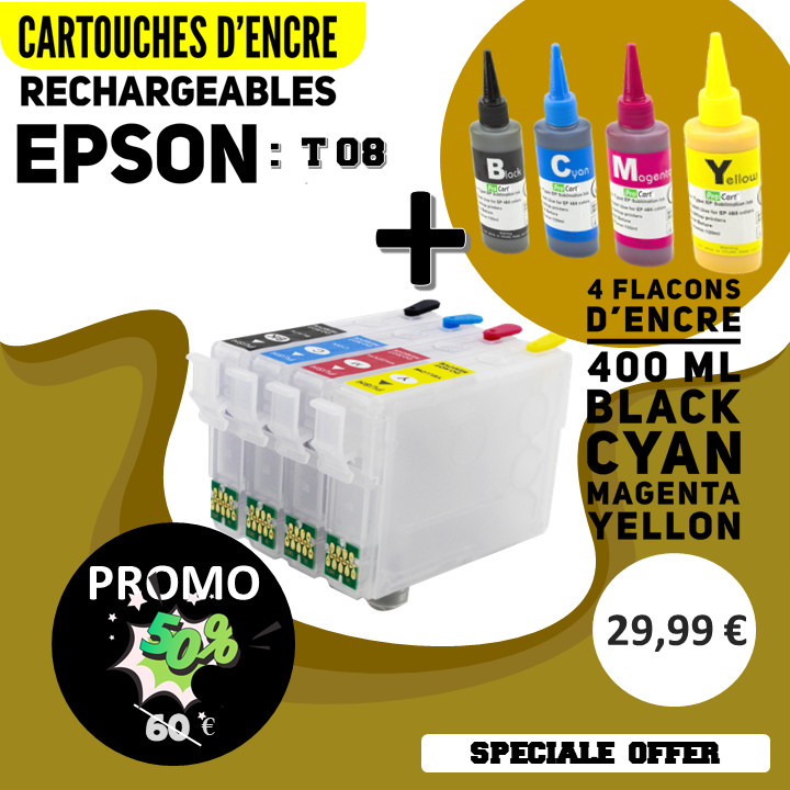 Cartouches T08 rechargeables à puces auto-reset pour une impression économique continue