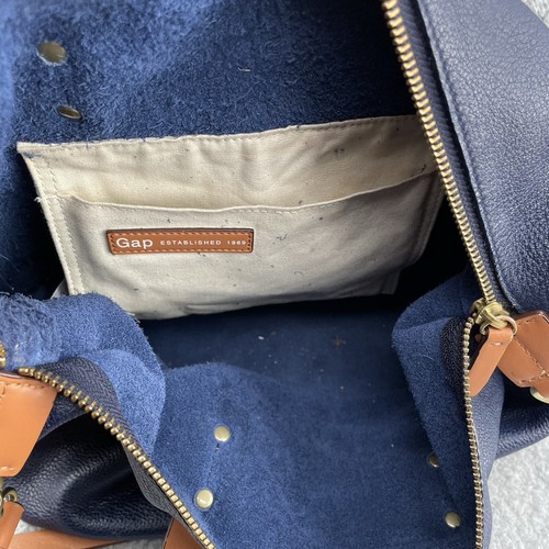 Gap Leather Shoulder Bag Womens Large Blue Gray Canvas Multi Pocket Travel Gym - Picture 11 of 17