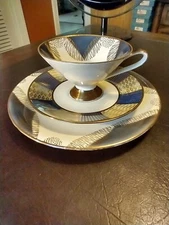 BAVARIA GERMANY Tea Cup and saucer trio Wheat Gray gilt teacup deco footed