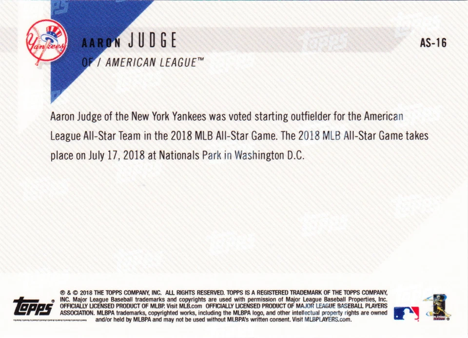 Aaron Judge New York Yankees All-Star Game AL Starter ASG 2018 Topps Now AS-16 - Image 2 of 2