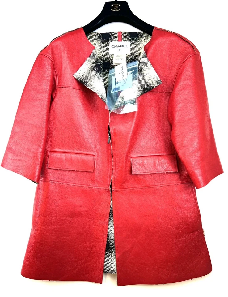 6K Chanel 2013 Red Long Leather Logo Coat 34 36 38 2 4 6 Jacket Top Shirt S M - Image 2 of 4
