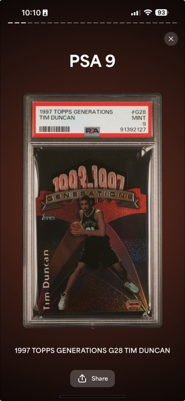 1997 Topps Generations  Tim Duncan #G28 PSA 9 Rookie RC