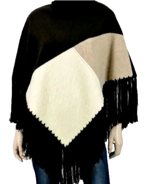 Lorenzo Wool Poncho Brown White Tan Women's Large Fringe Made in Italy