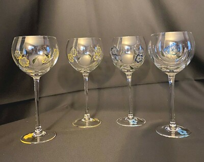 Elegant Painted Etched Blue Yellow Flowers Leaves Wine Glass Goblet Stemware 4pc