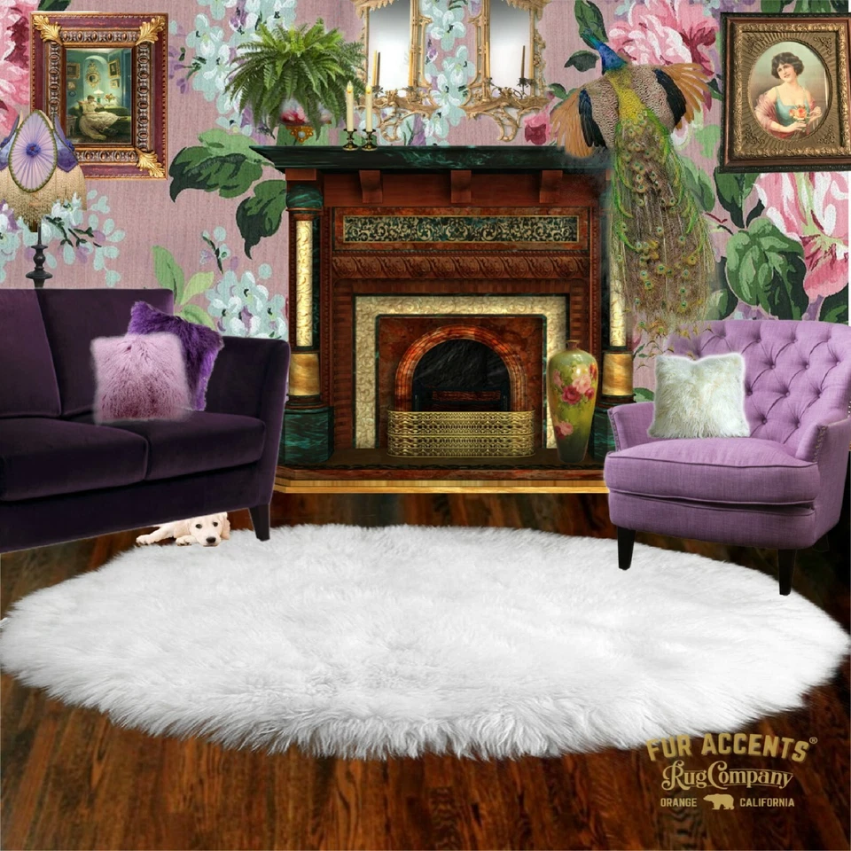  Large Round Shag Area Rug White Faux Fur Sheepskin Shabby Chic All Sizes - Image 4 of 4