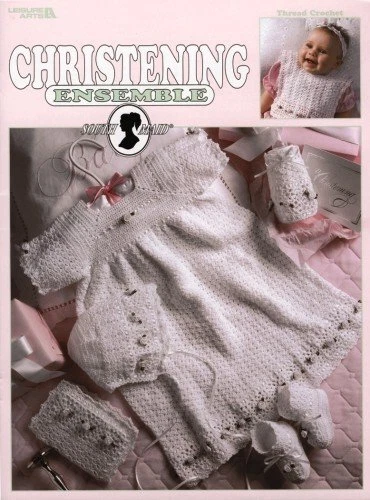 Christening Ensemble: thread crochet long or short gown bonnet booties bib more - Image 2 of 4