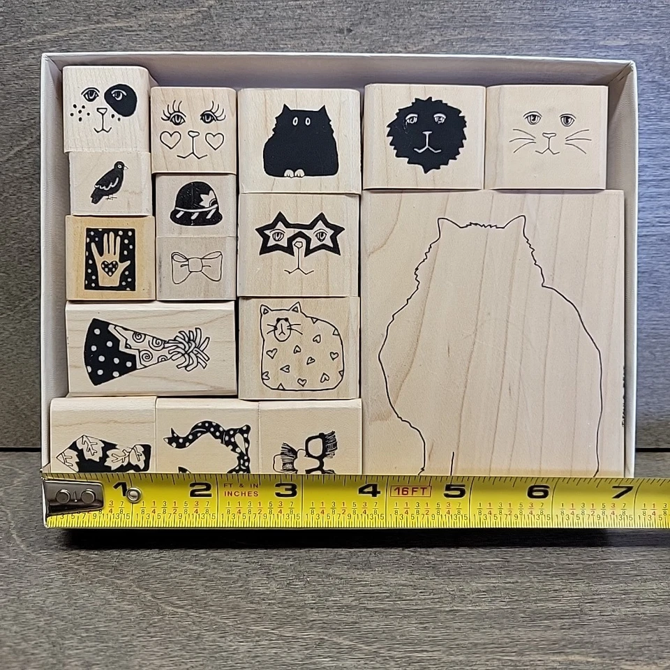 Lote de Sellos de Paula Mejor Gato Contorno Gatos Fiesta Pájaro Mano Lazo Cuello Corbata Madera Foto 2 de 4