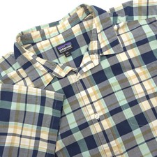 Patagonia Shirt Men's 2XL Blue Plaid Organic Cotton Short Sleeve Button Up