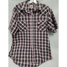 Ely Cattleman Mens Large Western Pearl Snap Shirt Short Sleeve Plaid Black Red