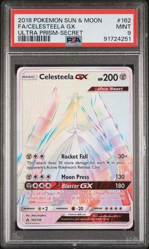 2018 POKEMON SUN & MOON ULTRA PRISM SECRET #162 FULL ART/CELESTEELA GX PSA 9
