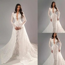 Mermaid Wedding Dress V Neck Long Sleeve Lace Bride with Detachable Sweep Train