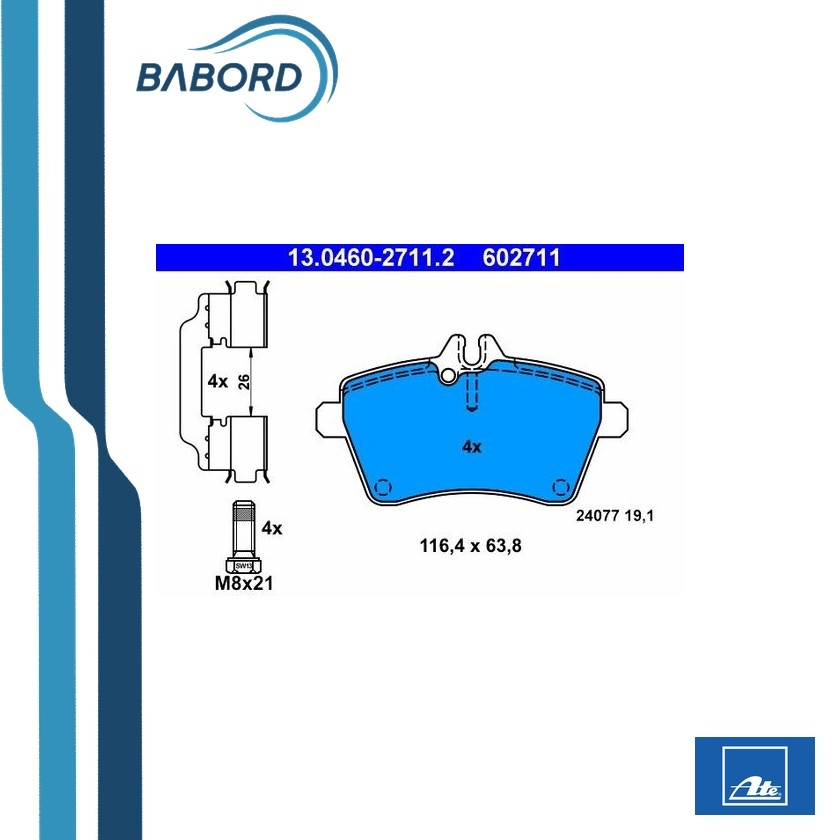 ATE 13.0460-2711.2 Kit pastiglie freno Assale anteriore, senza contatto segnalazione usura, con accessori, con bulloni pinza freno - Immagine 5