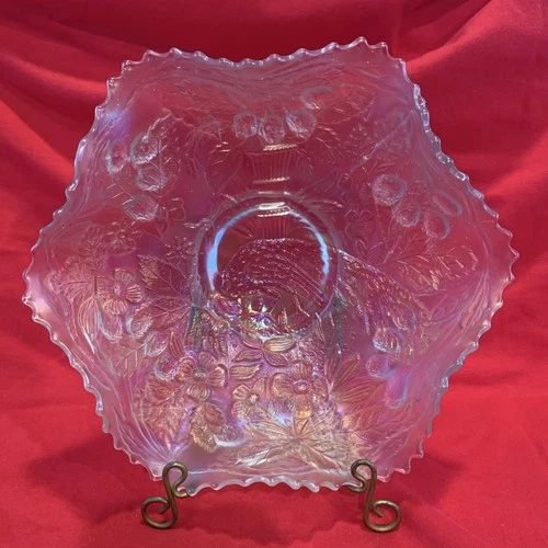 Fenton White Carnival Glass Bowl, Peacock & Urn, 9 Inches- Ruffle, Pie Crust