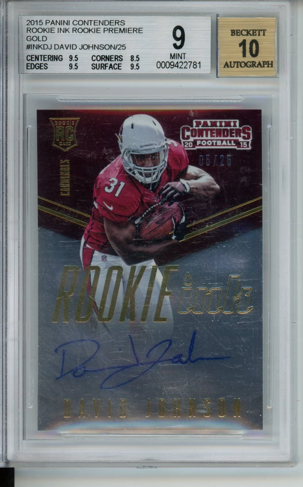 David Johnson Panini Contenders Rookie Ink Rookie Premiere #INKDJ Gold