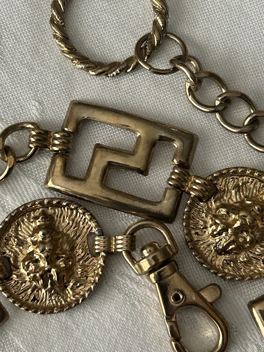 Vintage Gold Tone Lion Head Chain Belt Greek Key Medallion  display picture 1
