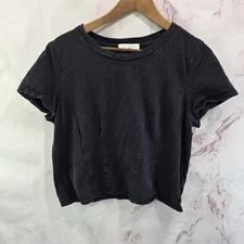 Anthropologie Shirt Womens Large Black Eri Ali Boxy Cropped Seamed Crew Neck
