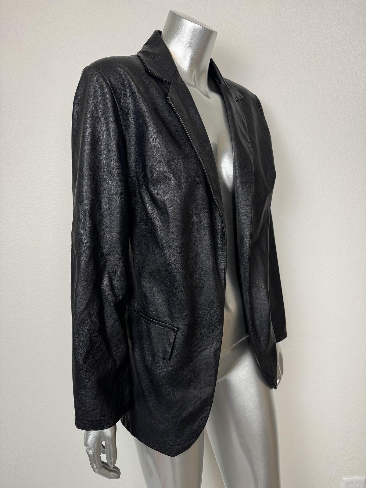 Nasty Gal Blazer Jacket Womens Small Black Faux Leather Longline Italy