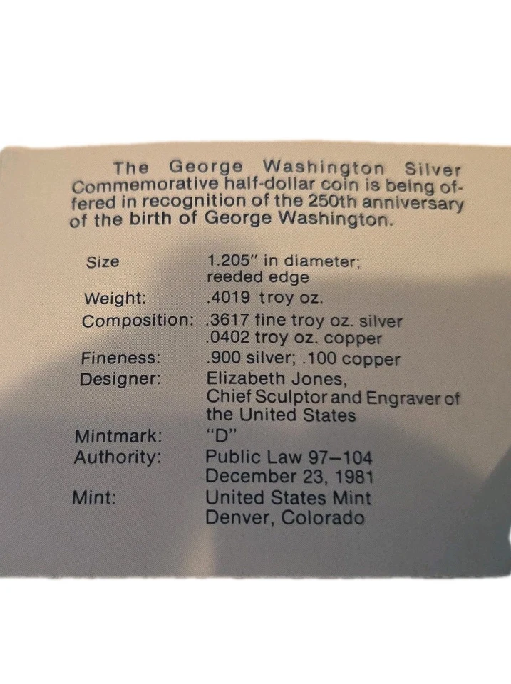 George Washington Fine Silver Commemorative Half Dollar Coin 250th Anniversary - Image 4 of 4