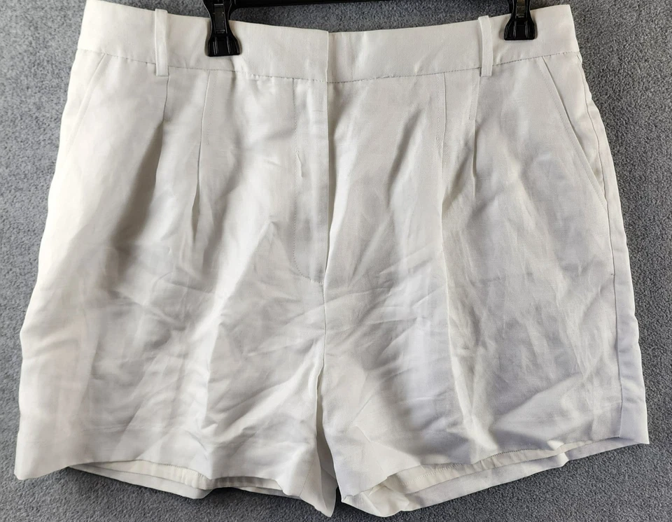 Pantalones Cortos DKNY Tiro Alto Plisados Delanteros Pierna Ancha Para Mujer 14 Marfil Lino Mezcla Gancho y Barra Foto 2 de 4